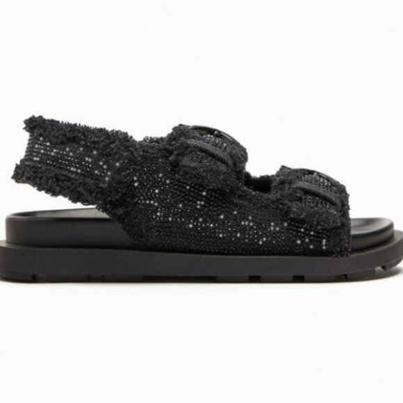 ZARA BLACK FLAT SLIDER SANDALS TWEED FABRIC RHINESTONES. SIZE US 9 3663/110/800 - Picture 2 of 7